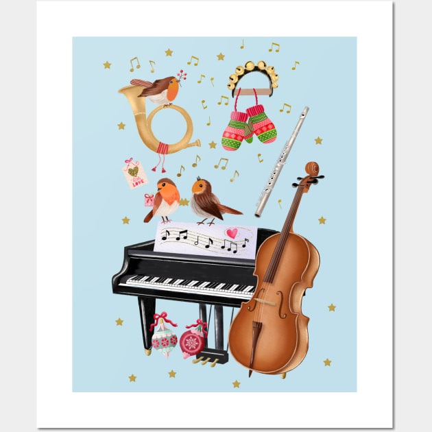 Christmas joy with singing robins and music instruments Wall Art by CalliLetters